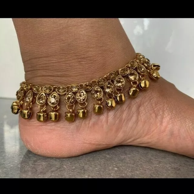 Stunning Diamante Antique Gold Giggling Bells Ankle Anklet Payal Feet Jewellery