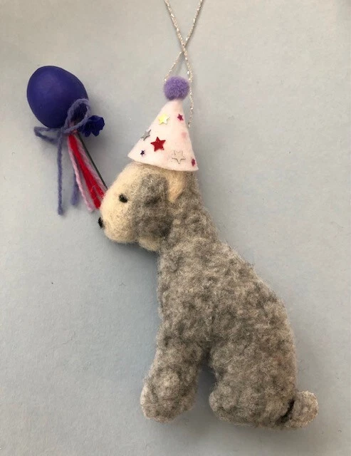 BLUE BEDLINGTON TERRIER  with PARTY HAT and BALLOON - PART NEEDLE FELTED DOG