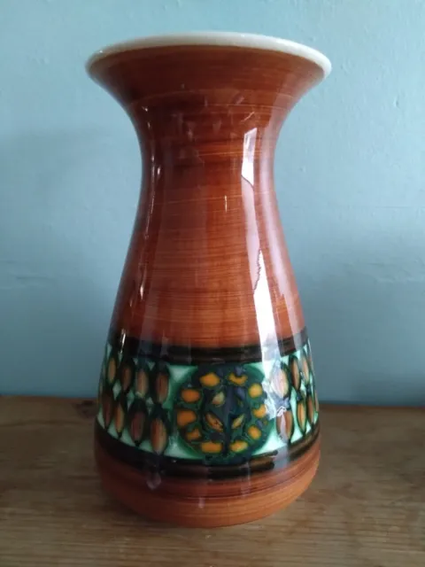 Vintage JERSEY POTTERY VASE Tall Brown Glazed with absrract Flower Design 20.5cm