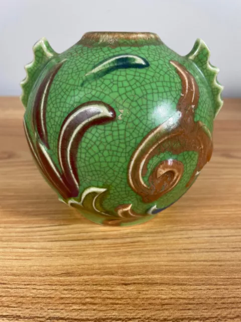 Czechoslovakian European Vintage Art Deco Pottery Geometric Green Ceramic Vase