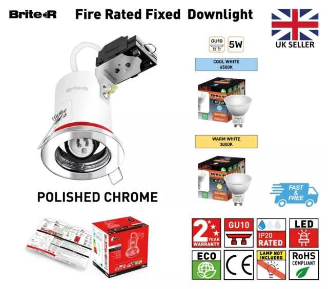 Fire Rated Fixed LED GU10 Downlights Recessed Ceiling Spotlights Warm Cool Bulbs