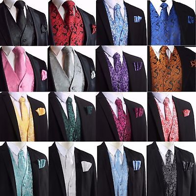 Men's Paisley Waistcoat Vest and Tie Handkerchief Set For Suit Wedding UK