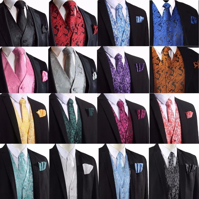Men's Paisley Waistcoat Vest and Tie Handkerchief Set For Suit Wedding UK