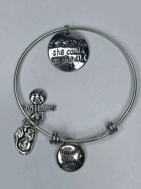 Soft Ball Bangle Bracelet She Believed So She Did Silver Tone Charms Glove Ball
