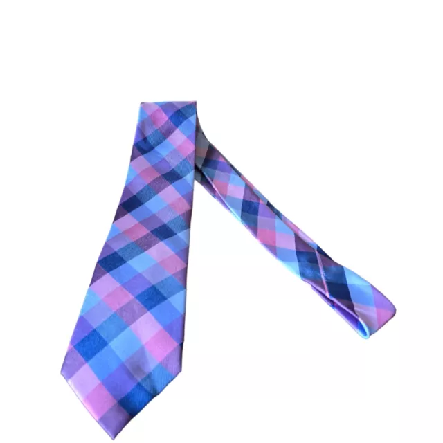 Tommy Hilfiger Mens Plaid Tie Blue,Pink 100% Silk