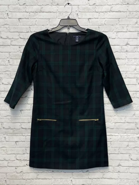 Gap Women’s Green & Black Plaid 3/4 Sleeve Shift Midi Dress Size Small Zippers