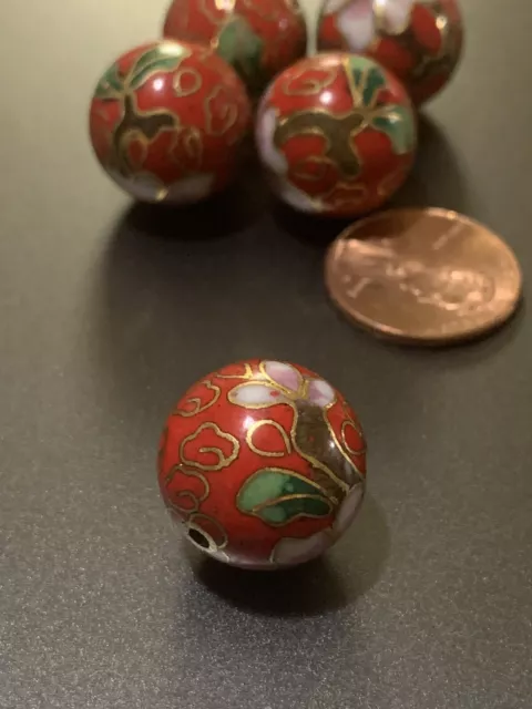 ONE Vintage Cloisonne Chinese BEAD RED w/ Pink Flowers Leaves Enamel Round 16mm
