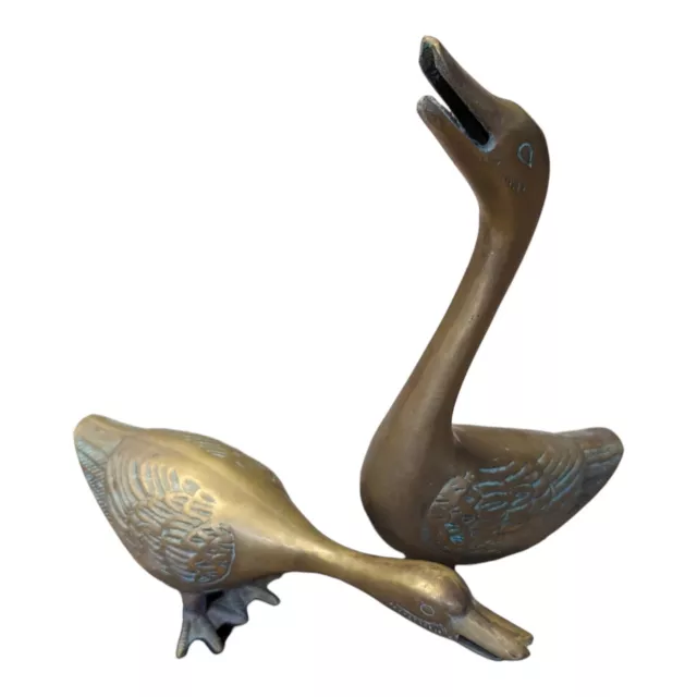 Pair Of Solid Brass 9" Ducks Geese Goose Swan Bird Figurines Made In Taiwan 2
