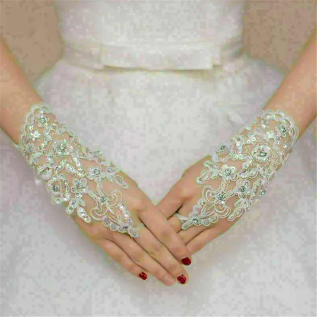 Lace elegant white Fingerless Short Paragraph Rhinestone Bridal Wedding Gloves