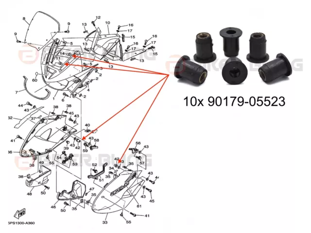 10x Yamaha TDM 900 2002-2010 Windschutzscheibe & Verkleidung Gummi Wellmuttern 90179-05523