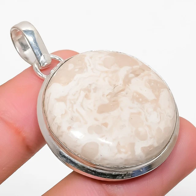 Fossil Coral Gemstone Handmade 925 Sterling Silver Jewelry Pendant 1.81"