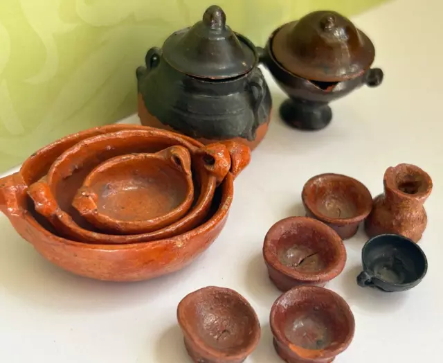 vtg Doll house STONEWARE LOT antique nesting bowl casserole pot redware pottery