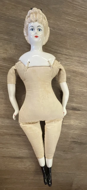 Vintage Doll With Porcelain Head, Hands, Feet/Cloth Body - Blond Hair Blue Eyes