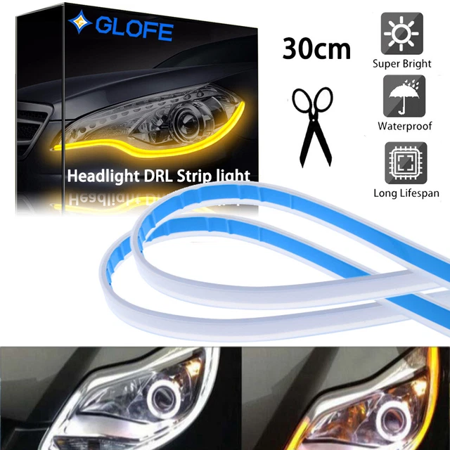 2Pc LED Strip 30CM White Amber Sequential Turn Signal Tube DRL Light Headlight