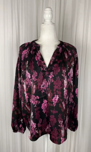 Rachel Roy Womens Size M Black Pink Floral Satin Pullover Relaxed Fit Blouse New
