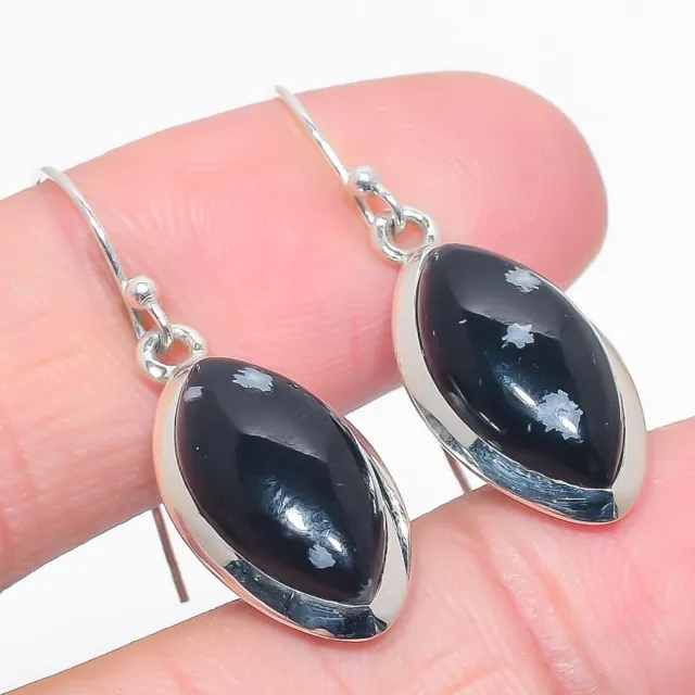 Snow Flake Obsidian Gemstone 925 Solid Sterling Silver Jewelry Earring 1.50''