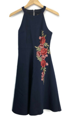 ModCloth x Liza Luxe Navy Halter Dress Embroidered Roses Size XS