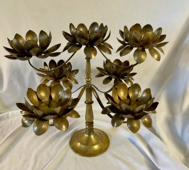 Vintage Brass Lotus Candelabra Candleholder Mid Century Regency SEVEN CANDLE!