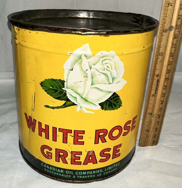 Antique White Rose Grease Tin Litho Can Canada Gas Oil Car Auto Motor Petroleum Antique White Rose Grease Tin Litho Can Canada Gas Oil Car Auto Motor Petroleum