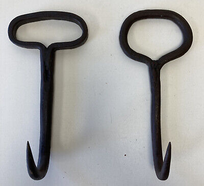 Pair of  Vintage Primitive Hand Forged Cast Iron Hay Ice Meat Hook