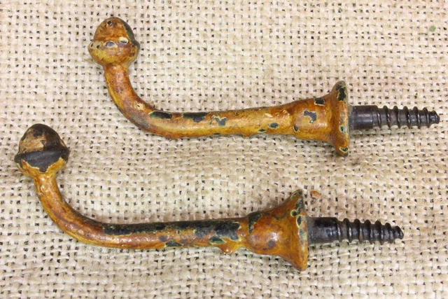 2 Old Single Coat Hooks Farm School House Acorn End Grain Paint Vintage 1850’s 2