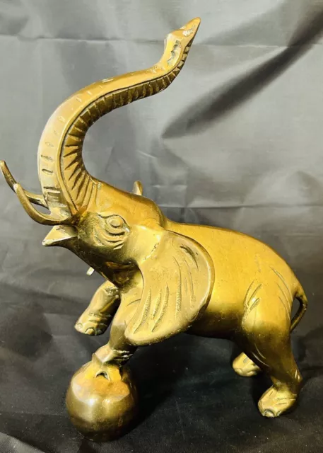 Vintage Brass Elephant On Ball  Figurine Trunk Up Korea 10 x 7.25 x 5.25” Patina