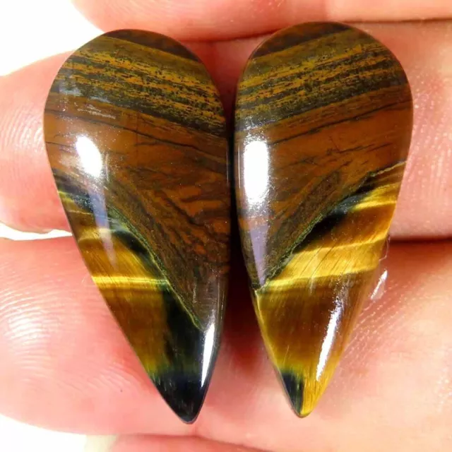 36.80Cts.100%Natural Golden Brown Tiger Eye Pear Pair Cab 13x29x5mm Top Gemstone