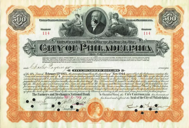 USA CITY OF PHILADELPHIA LOAN  stock certificate/bond $500