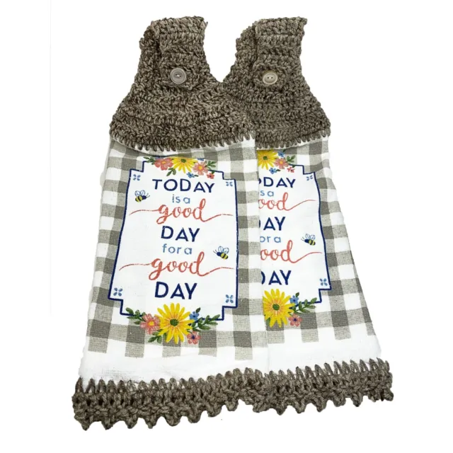 Farmhouse Gingham Hanging Kitchen Towel Set Crochet Top Today is a Good Day