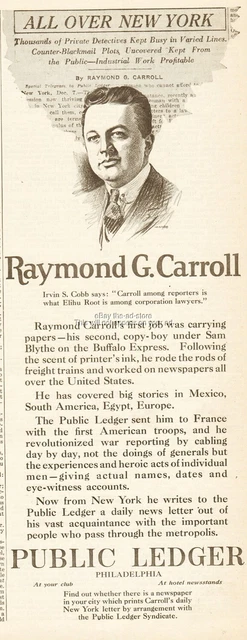 1921 Public Ledger Philadelphia PA Newspaper Reporter Raymond G Carroll NYC Ad
