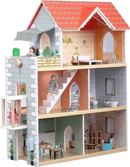 TALL WOODEN DOLL House 3 Storey with 15 Piece Furniture Kit Kids Girls ...