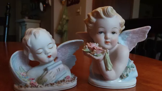 Vtg 2 Lefton China Angel Cherub Figurines KW 1415N and KW 432 Simply Beautiful!