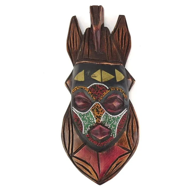 African Tribal Hand Carved Wooden Beaded Face Mask ~ 10"H x 4.5"W ~ Decorative