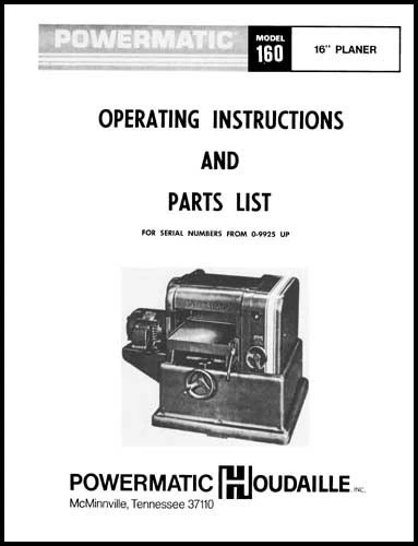 thumbnail image 2 of Powermatic Model 15 Planer Instruction & Parts Manual – Reproduction, 280 Pages 2 of 6