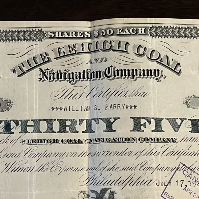 1930 Rare Lehigh Coal & Navigation Company $50 Shares Stock Certificate 2