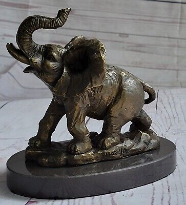 Vintage Bronze Figural Elephant Statue Sculpture on Marble Base Art Deco Signed