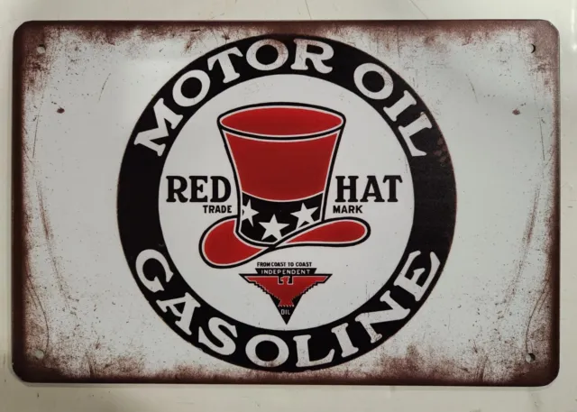 Red Hat Motor Oil Gas Metal Sign Vintage Style Man Cave Garage Bar Home Decor