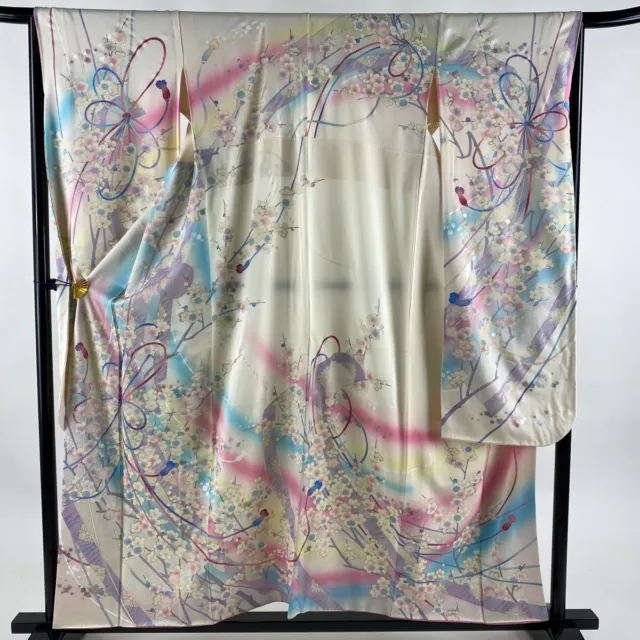 Japanese Silk Kimono Vintage Furisode Long Sleeves Gold Silver Thread  Beige