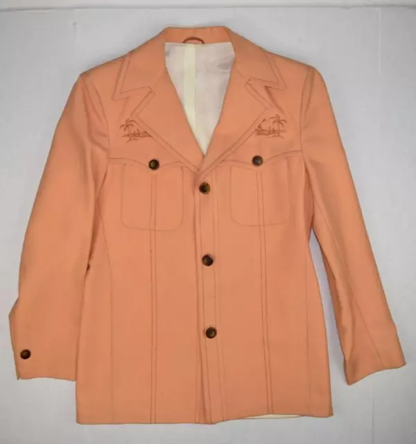 Leisure Suit Sport Coat Blazer VTG 70s Ocean Palm Scene Orange Jacket 38-40R