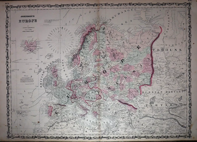 1863 Johnson's Atlas Map ~ EUROPE ~ (XL18x28) ~Free S&H #765
