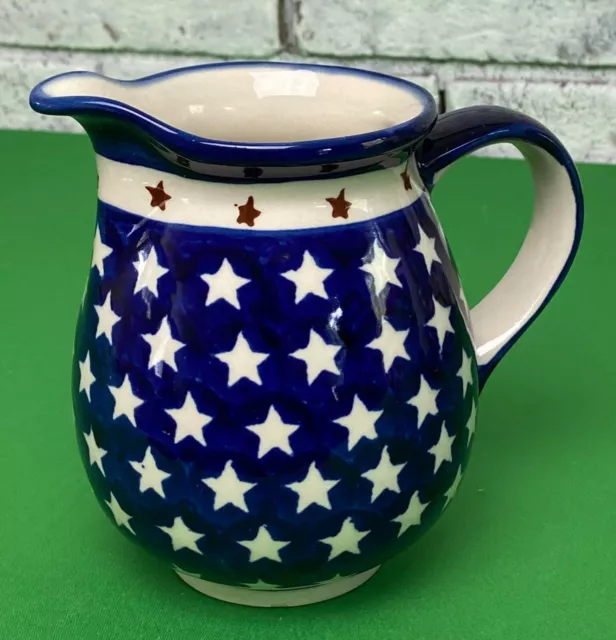 Bolesławiec Polish Pottery Pitcher Jug Stars & Stripes Americana 5.5"