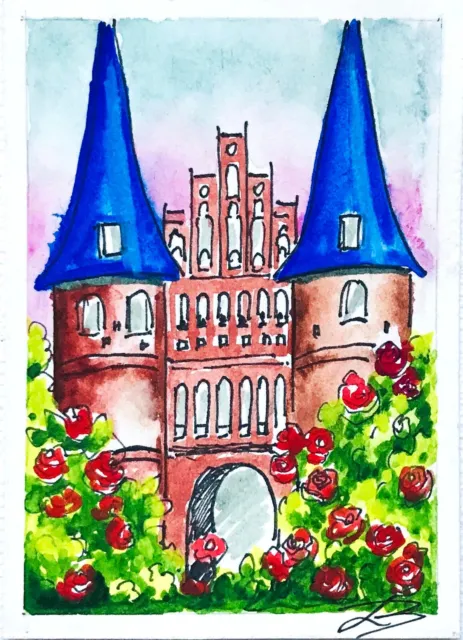 ACEO Original Art Gate Lübeck Germany Painting Holstein ACEO Watercolor 2