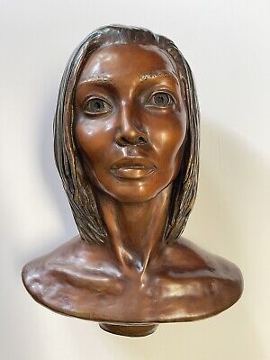 Vintage Bronze Metal Sculpture Portrait Pretty Woman Female Model Life Size Head