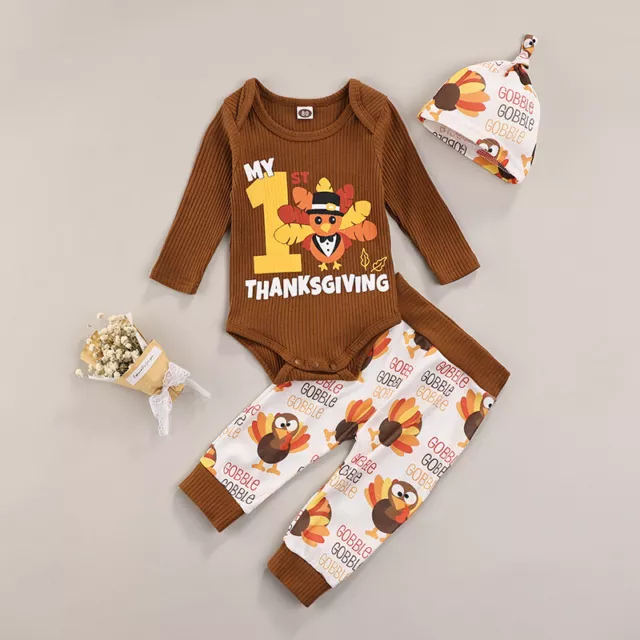 NEW 1st Thanksgiving Turkey Baby Boys Bodysuit Pants & Hat Outfit Set