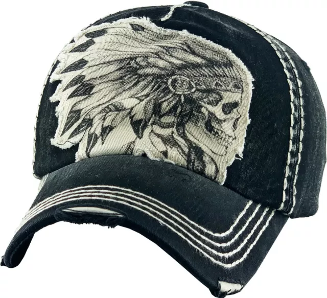 Native American Indian Chief Skull Vintage Distressed Black Cap Hat by KB Ethos