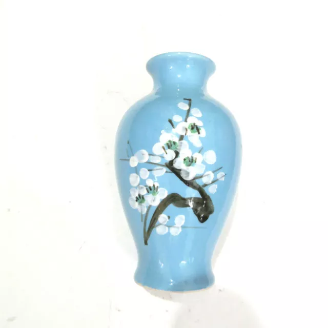 Vintage Chinese Blue Porcelain Vase Hand Painted Peach Blossom 6.25"