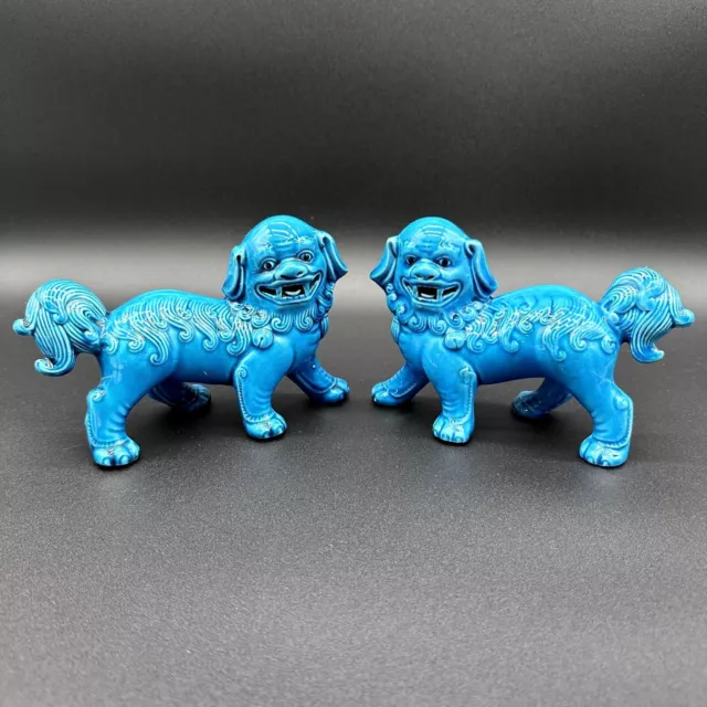 Chinese Asian Foo Fu Dogs Lions Turquoise Blue Glazed Porcelain Statues Pair 377