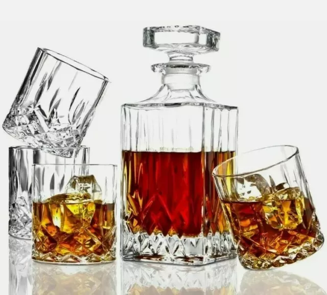 ELIDOMC 5PC Italian Crafted Crystal Whiskey Decanter & Glass Set, Small chip in