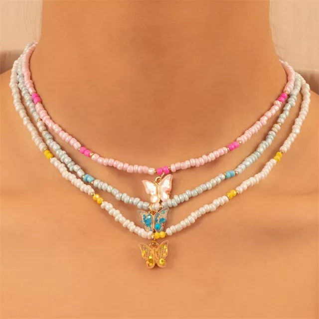 Boho Colorful Beads Butterfly Pendant Necklace Choker Chain Women Party Jewelry