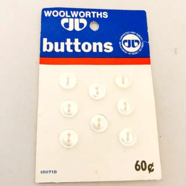Vintage 1960's Small White Round Two Hole Flat Buttons Set of Eight New On Card